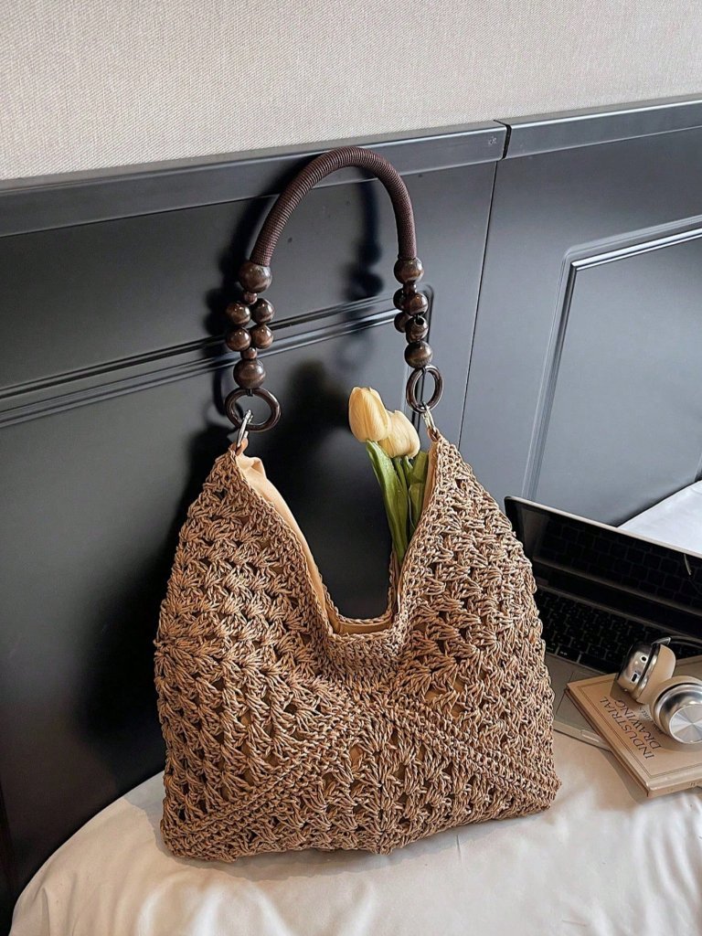 Khaki Casual Women's Crochet Hollow Patchwork Spacious Shoulder Bag